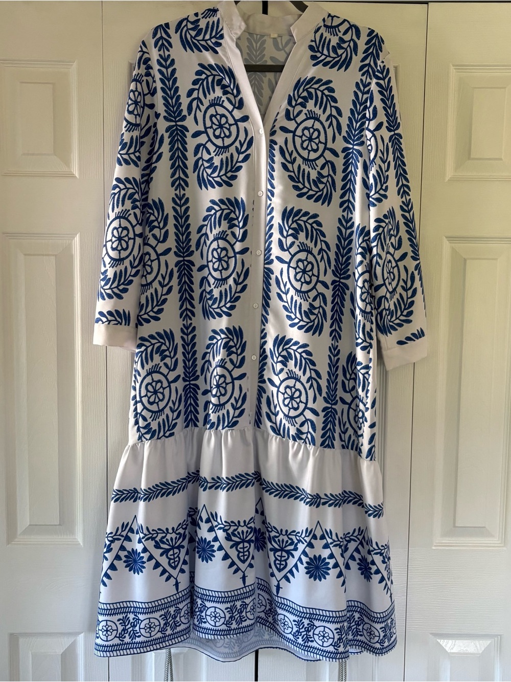 White Dress with Blue Floral Print Button-Front Maxi